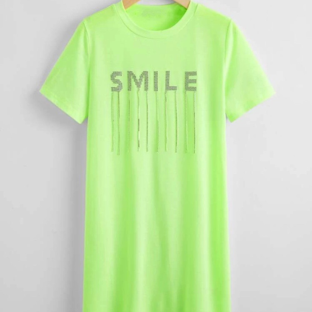 Neon Green Rhinestone Letter Fringe Details Dress